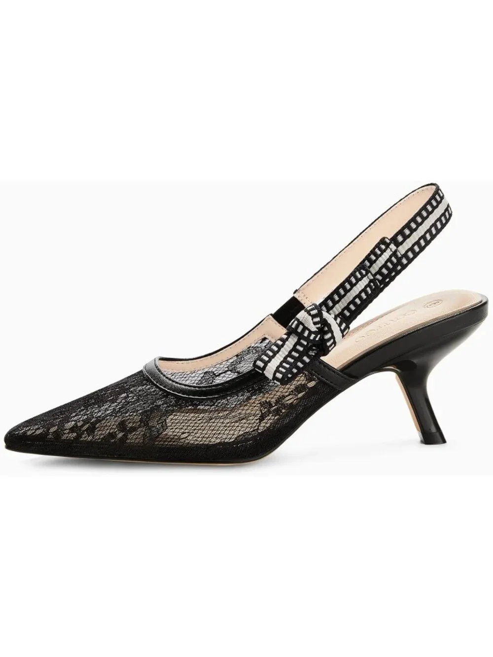 Women's Mesh Black Slingback Kitten Heels Closed Pointed Toe Bowknot Knitted